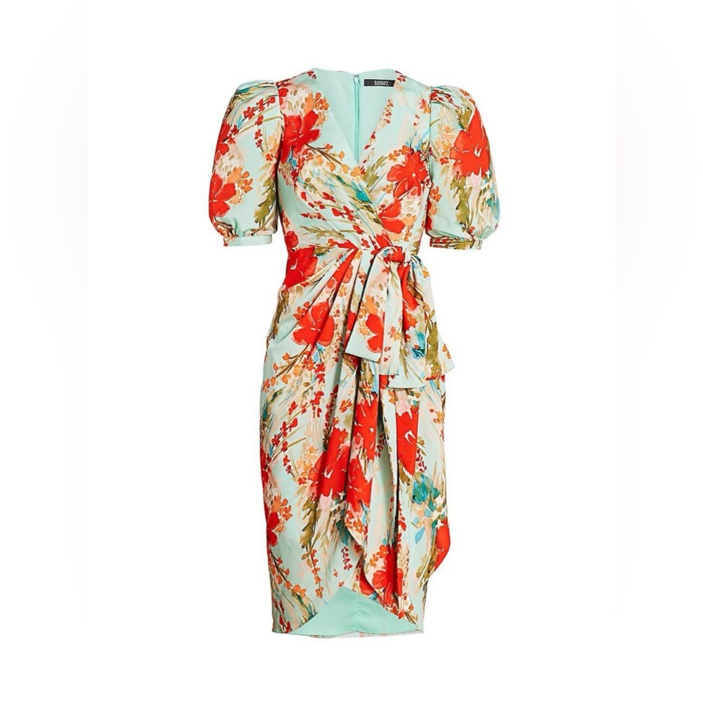Badgely Mischka - Wo Bow Floral Printed Runway Dress -  Aqua Multi